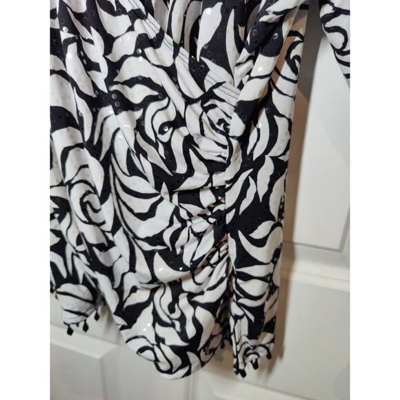 MSK Women Deep V-Neck Black White Floral Long-sleeve Dressy Sparkly Top 2X - Picture 3 of 6